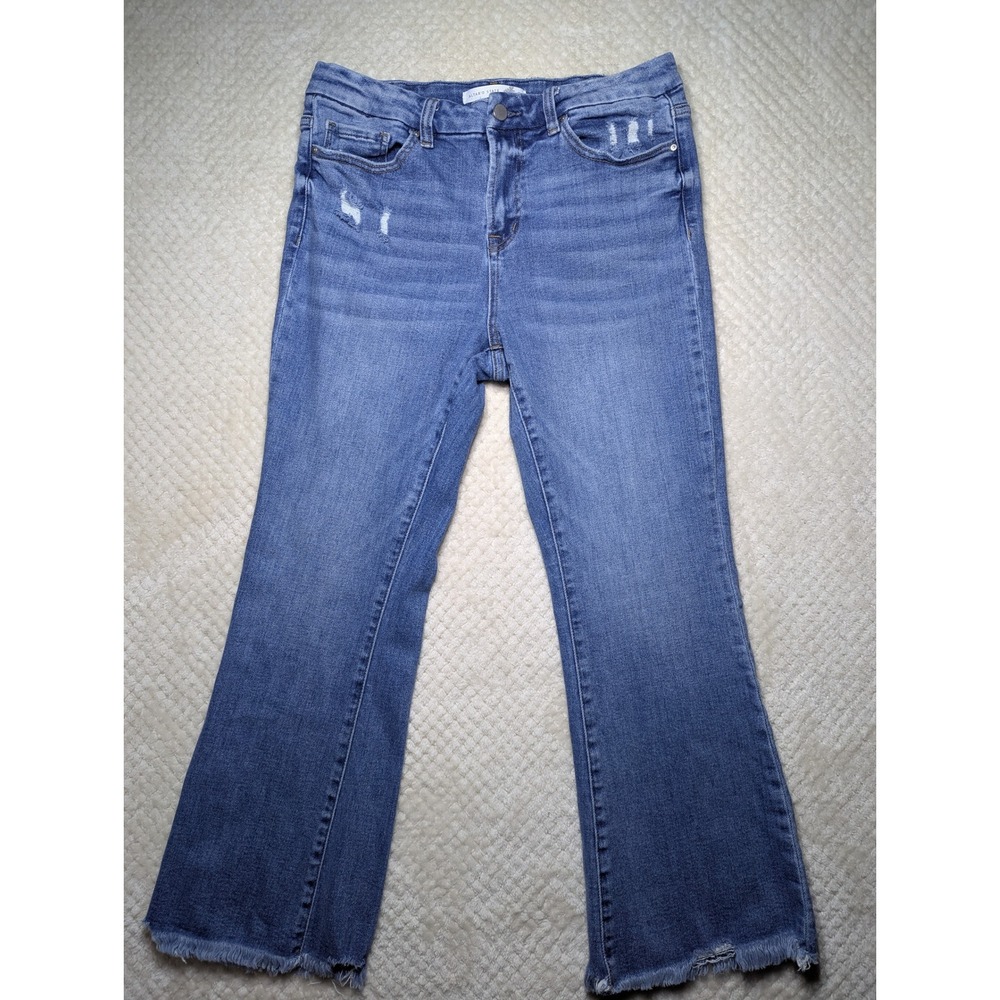 Altar'd State Distressed Flare Jeans Women's S 30 Blue High Rise Raw Hem Stretch